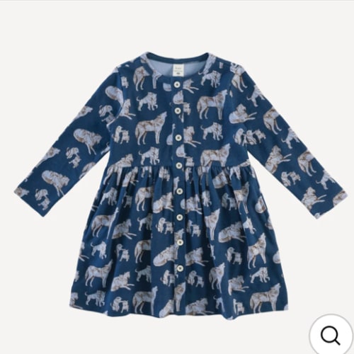 long sleeve button front dress | blue wolf family | organic cotton interlock