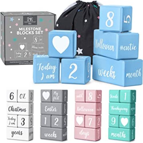Blue Baby Monthly Milestone Blocks. Baby Age Blocks for Girl or Boy Baby Photo Props and Baby Shower. Month Baby Milestone Blocks with Grammatically Correct Month and Year