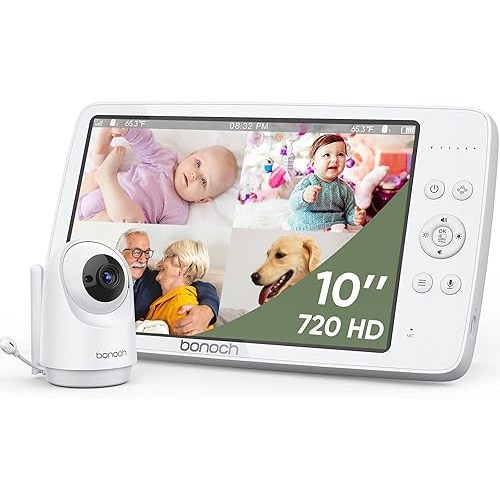 bonoch MegaView Baby Monitor No WiFi, 10" 720p Video Baby Montior with Camera and Audio, Up to Quad Split Screen, 10000mAh Battery, VOX Mode, Remote PTZ, Night Vision, for Multi-Child, Pets, Elderly