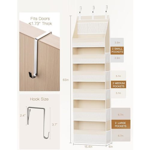 Criusia Over the Door Organizer, 6-Shelf Closet Hanging Storage with 13 Mesh Pockets, 55lbs Capacity Behind the Door Storage for Baby Nursery, Bathroom, Bedroom, and Dorm, Beige
