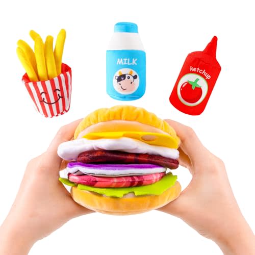 Jollybaby Soft Plush Burger Toy for Baby 0-6-12-18 Months: Stuffed Hamburger Pretend Play Food & Plushies Sensory Toy for Toddler - Birthday Gift for Boy and Girl