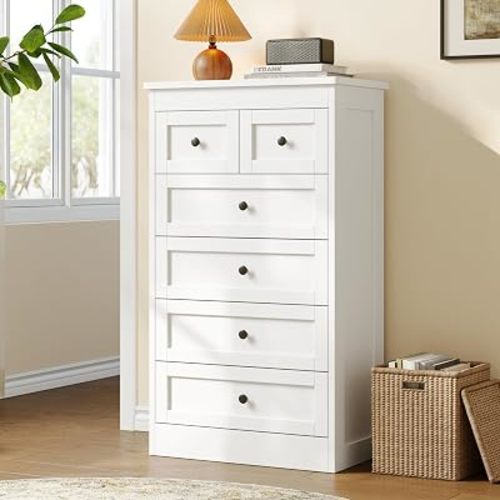 wanan Tall 6 Drawer Dresser for Bedroom, White Modern 43.3'' Tall Wood Chest of Drawers, Storage Organizer with Smooth Metal Rails & Anti-Tip Kit for Closet, Hallway, Living Room