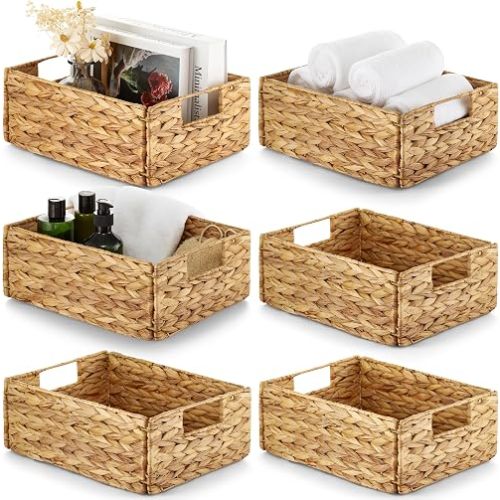 BLUEWEST Water Hyacinth Storage Baskets, Set of 6, Woven Bins with Handles