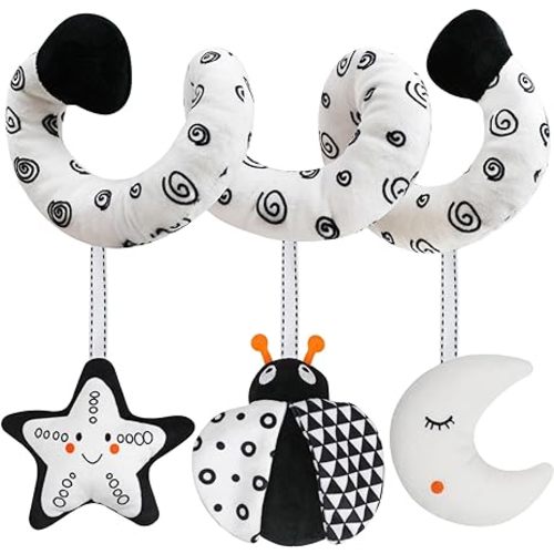 GKDOMS Baby Car Seat Toys Spiral Stroller Activity Toy Black and White High Contrast Sensory Toy Newborn Plush Hanging Toys Party Favors Baby Shower Thank You Gifts for 0-6Months Boys and Girls-BEE