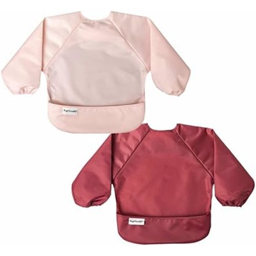 Tiny Twinkle Long Sleeve Bib for Babies & Toddlers | 2-Pack Waterproof Smock Bib for Eating | Machine Washable & Mess-Proof Feeding Essentials | Newborn Shower Gift (Rose Burgundy,6–24M)