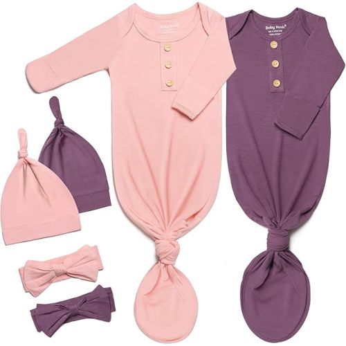 Baby Noah Newborn Knotted Gown Set with Hat and Headband, Soft Tie Bottom Newborn Sleepers for Baby Girl Boy (2 Packs)