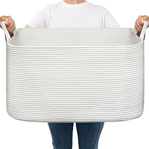 Goodpick Large Rope Basket, Decorative Storage Basket for Toys, Square Woven Basket Laundry with Handles, Blanket Basket for Living Room, 21.6" x 14.9" x 11.8", White