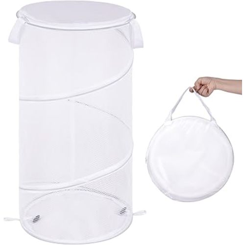 BATTOO Large Collapsible Laundry Basket with Lid Foldable Mesh Pop Up Hamper with Handles for Laundry Room, Bathroom, Kids Room, College Dorm, Travel, Storage Organizer White