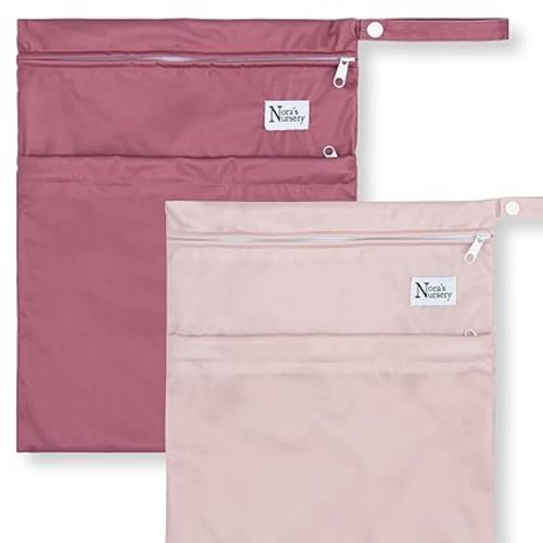 Nora's Nursery Wet Dry Bags with Two Zippered Pockets - Reusable and Washable for Swimming, Travel, Beach, Pool, Daycare, Cloth Diapers, Toiletries, and Wet Swimsuits - 11x15, Rose - 2-Pack