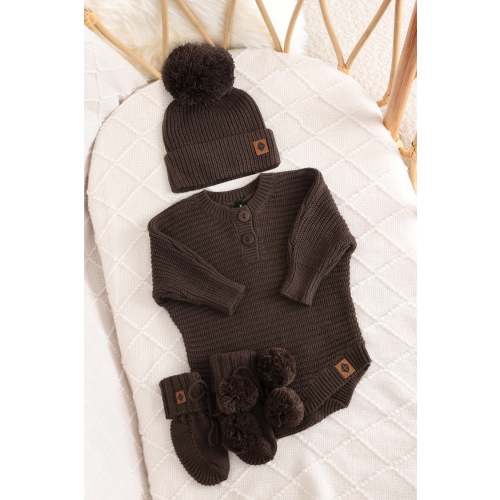 Chunky Knit Romper Set with Beanie & Booties in Espresso