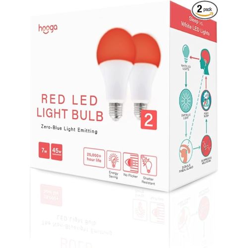 RED Hooga Sleep Bulb, Blue Light Blocking Red Night Light, 625nm for Healthy Sleep, Baby Nursery, 7W LED (45W Replacement) 2-Pack