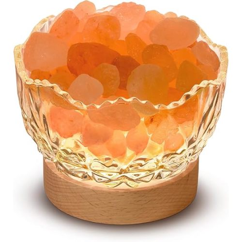 Himalayan Salt Lamp, Pink, Wooden Base, 10 Levels of Light Intensity Adjustment, USB Plug, 1 Year Warranty