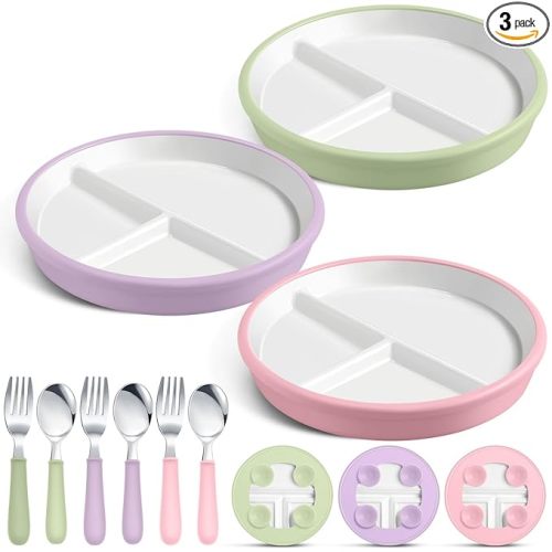3 Pack 8" Large Porcelain Toddler Plates Feeding Set, Ceramic Kids Suction Plates with Anti Slip Silicone Sleeve for Baby 3 Spoons and Forks Divided Kids (Green,Pink,Purple)