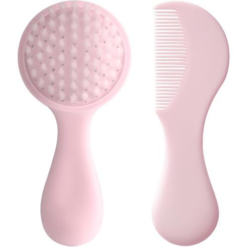 Baby Hair Comb Set Soft Baby Hair Brush Baby Comb Hair Comb Set Newborn Baby Hair Brush and Comb Set Baby Care Hair Brush for Girls and Boys,Ideal Present for Baby Pink