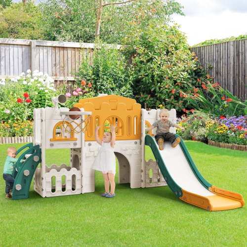 WFUN 9 in 1 Outdoor Freestanding Kids Slide Set for Toddlers Age 1+, Playground Set for Backyard, Yellow & Green