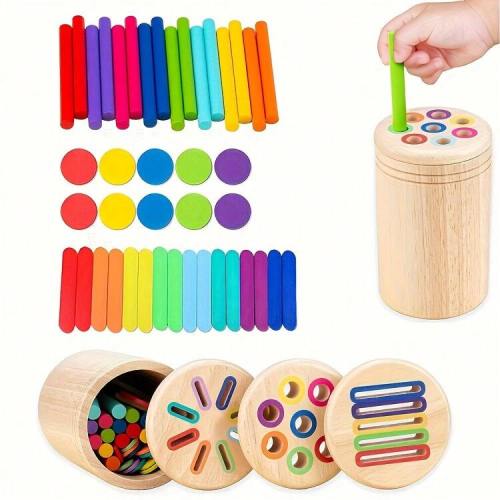 Wooden 3 In 1 Multifunctional Color Sorting Cups - Vibrant Rainbow Blocks, Counting & Color Recognition Game, Ideal For Birthdays & Christmas Gifts, Educational Toy|Playful Design|Durable Wooden Construction, Colorful Building Blocks | SHEIN USA