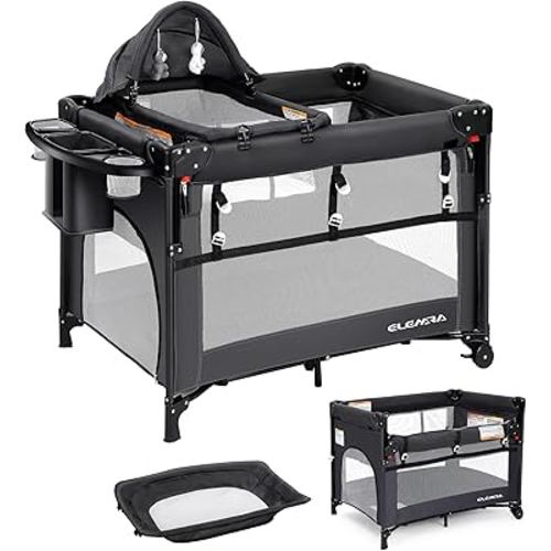 ELEMARA 5 in 1 Pack and Play, Adjustable Baby Bedside Bassinet Sleeper,1-Second Setup Foldable Playard from Newborn to Toddles,Bedside Crib with Changing Table,Portable Travel Bassinet,Ziper Door,Gray