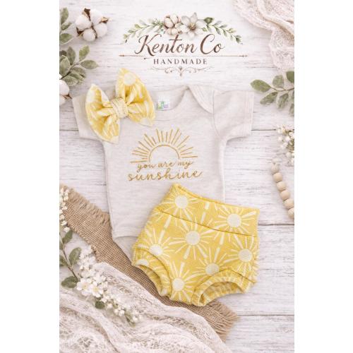 Sunshine Baby Girl Outfit – Bodysuit, Bloomers, Bow Set – Yellow Summer Baby Clothes