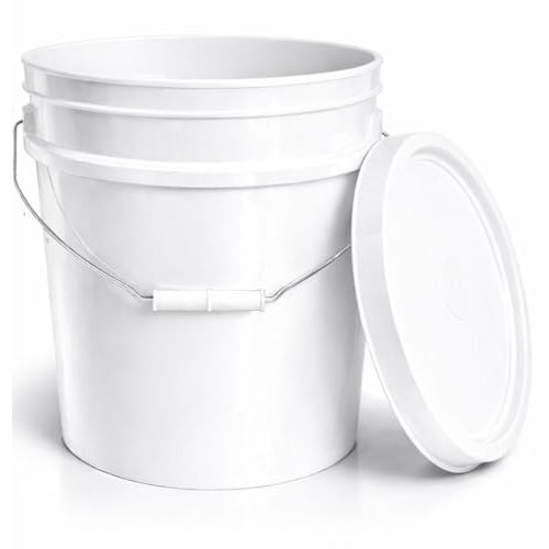 5-Gallon Bucket with Airtight Lid – Made in USA, Food Grade BPA Free Plastic, Heavy Duty Multi-Use, Metal Handle with Grip, Stackable Storage – White, 1 Pack