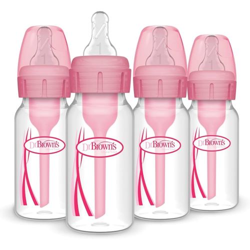 Dr. Brown's Natural Flow Anti-Colic Options+ Narrow Baby Bottle, 4 oz/120 mL, with Level 1 Slow Flow Nipple, Pink, 0m+, 4 Pack