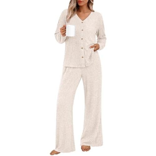 LILLUSORY Women 2 Piece Lounge Pajamas Sets Fall Matching Sleepwear Outfits Ribbed Knit Long Sleeve Tops 2025 Comfy Clothes