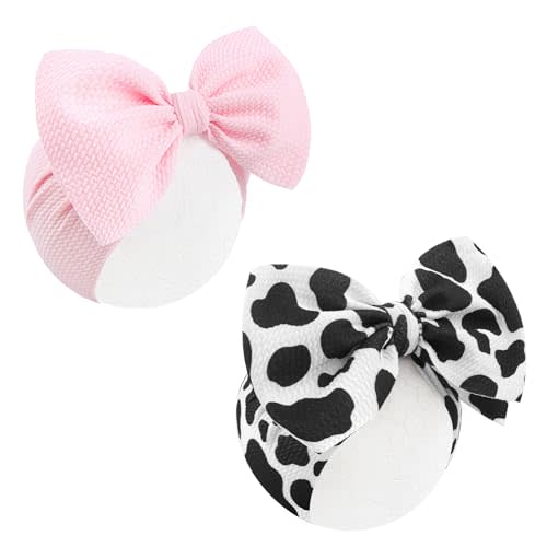 2Pcs Moo Cow Print 7’’ Hair Bows for Baby Girls Cowgirl Accessories Infant Toddler Baby Girl Headbands Pink Bow Hair Wrap