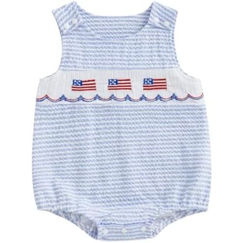 Twopumpkin Baby 4th of July Romper Striped Letter Embroidered Sleeveless Bodysuit Casual Infant Overalls for Boys Girls