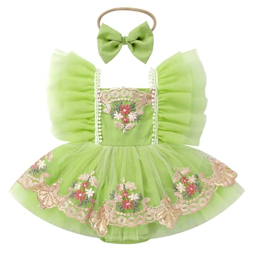 Toddler Baby Girl Birthday Dress Flutter Sleeve Floral Embroidery Ruffle Tulle Tutu Romper Dress and Headband