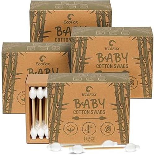 Baby Cotton Swabs 220 Count | Compostable & Pure Cotton Wooden Cotton Buds | Double-Tipped Safety Sticks | Plant-Sourced Materials