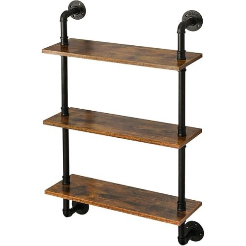 IBUYKE Industrial Pipe Shelves, Pipe Floating Shelves, Rustic Wall Mount Bookcase, 3-Tiers, 23.6" Metal Bracket Storage Wall Shelf for Bedroom, Kitchen, Living Room, Bathroom RF-TM003