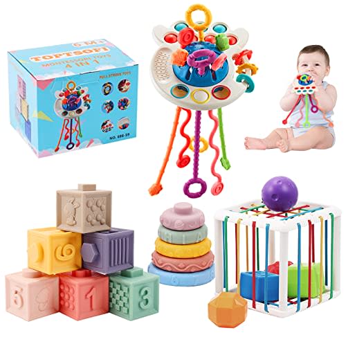 4 in 1 Baby Toys 6-12 Months, Stacking Building Blocks Infant Toys & Stacking Rings Teething Toys 0-6-12-18 M+, Color Shape Bin Sensory Toys, Pull String Montessori Toys for 1-3 Year Old Boy Girl Gift