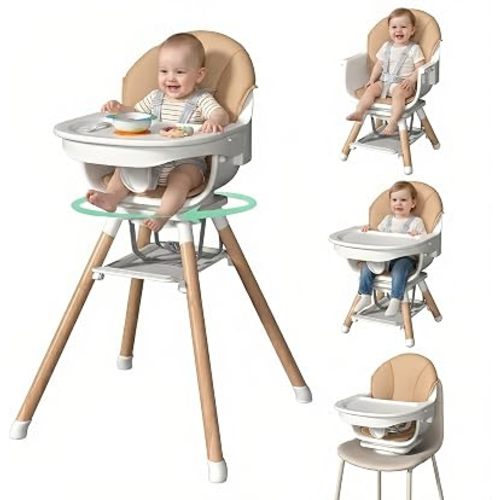 EROMMY 360° Swivel Baby High Chair,6-in-1 Convertible Wooden High Chair for Babies and Toddlers-Baby Feeding Chair with 5-Point Harness,Adjustable Highchair Features,Removable Double Tray