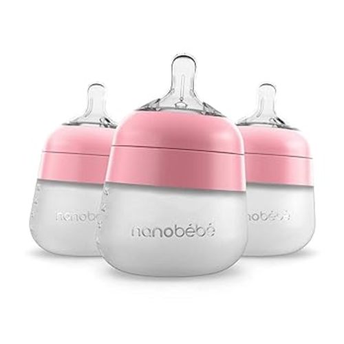 Nanobebe Flexy Silicone Baby Bottle, Anti-Colic, Natural Feel, Non-Collapsing Nipple, Non-Tip Stable Base, Easy to Clean 3-Pack, Pink, 5 oz