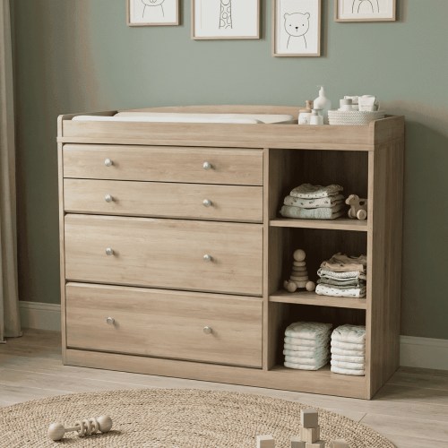 Melidee Baby Dresser with Changing Table Top, 47.2" L x 17.7" D x 36.2" H, 4 Drawers & Adjustable Shelves, 2-in-1 Nursery Organizer with Removable Topper, Natural Wood