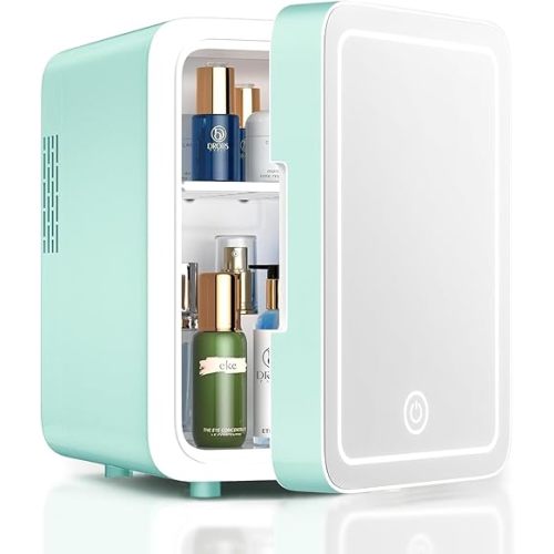 Skincare Fridge With Dimmable LED Light Mirror, 4L Mini Fridge For Desktop, Travel or Cool & Heat, Makeup Fridge for Cosmetics, Skin Care and Food, Green