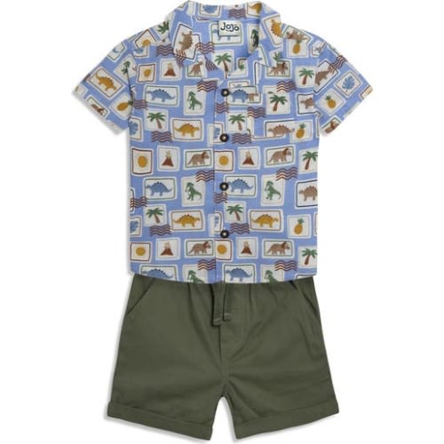 Dino Stamp Cotton Button-Up Shirt & Shorts Set, 6-12M
