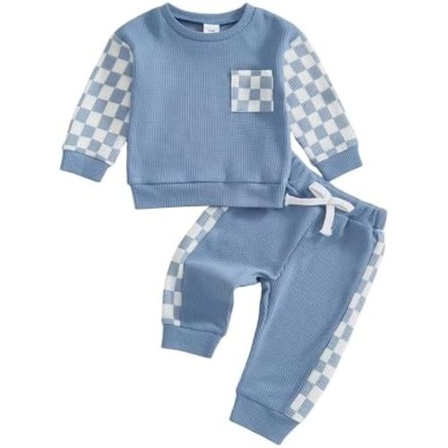Tsultryofs Baby Boy Fall Clothes Toddler Infant Plaid Patchwork Outfit Long Sleeve Round Neck Tops and Casual Pants Set