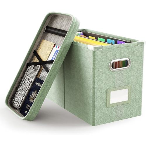Oterri File Organizer Box with Lid, Hanging Filing File Box with Mesh Pocket, Document Organizer Box for Letter Files, Portable Storage Box(1 PCS, Green)