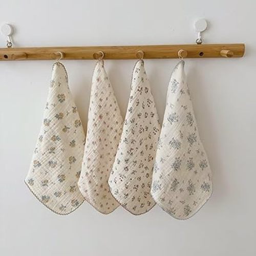 BuLuTu Cotton Cleaning Cloths Floral Print Towels Set - Pack of 4, 12"x12"
