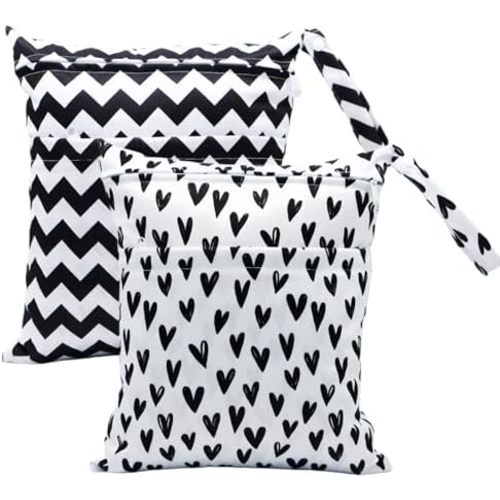 2pcs Cloth Diaper Wet Dry Bags Waterproof Reusable with Two Zippered Pockets Travel Beach Pool Daycare Soiled Baby Items Yoga Gym Bag for Swimsuits or Wet Clothes (BLACK HEART)