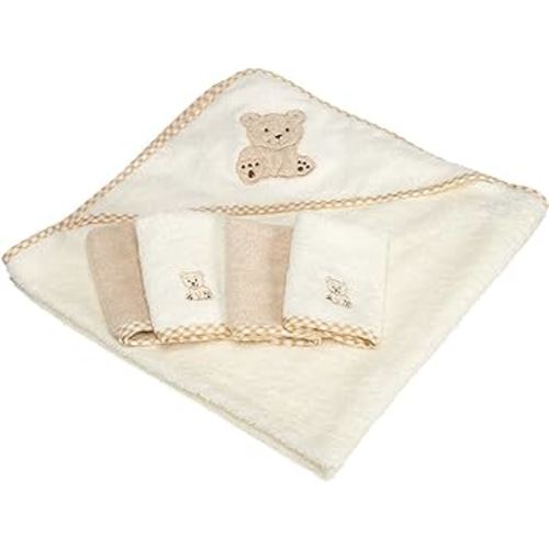 Spasilk Hooded Bath Towel with 4 Washcloths for Newborn Boys and Girls, Soft Terry Baby Towel and Washcloths, Bath Essentials, Ideal, Brown Bear