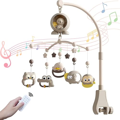 Crib Mobile with Light & Music, Auto Rotate Timer, 5 Detachable Soft Teether Rattles Toys for Newborn Babies, Bedside Mobile for Nursery, Beige Baby Gift for Boys Girls 0-12 Months