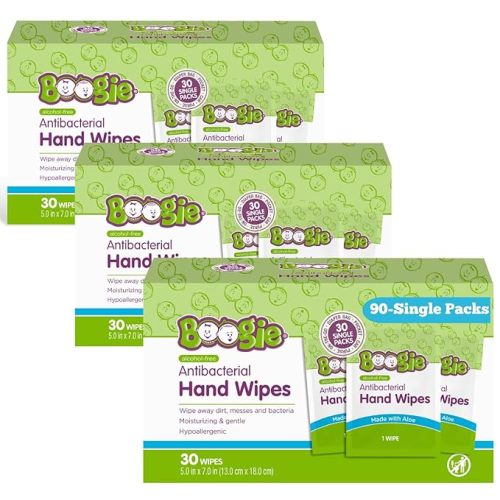 Antibacterial Hand Wipes by Boogie, Alcohol Free, Hypoallergenic and Moisturizing Aloe, Hand Wipes for Kids and Adults, Single Packs, 30 Wipes (Pack of 3)