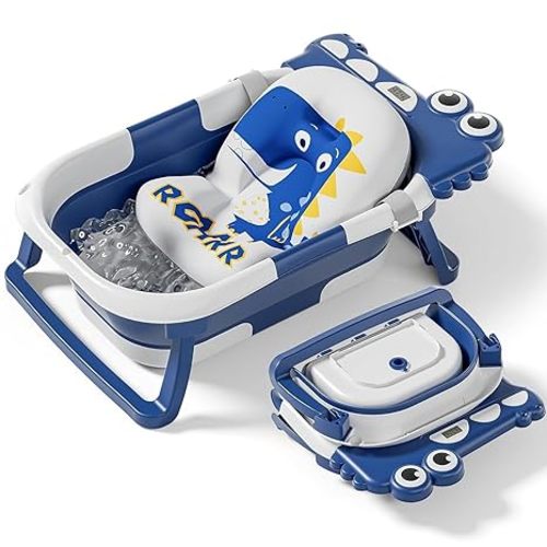 Collapsible Baby Bathtub for Newborn, Foldable Baby Bath Tub with Thermometer & Soft Floating Cushion & Drain Hole, Portable Travel Infant Bath Tubs for Newborns to Toddlers 0-36 Months Boy,NavyBlue