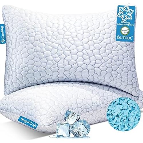 QUTOOL Cooling Pillow for Sleeping, CertiPUR-US Shredded Memory Foam Queen Pillows Set of 2, Cool Pillow for Hot Sleepers Adjustable Firm Pillow for Side, Back, Stomach Sleepers Soft Yet Support,White
