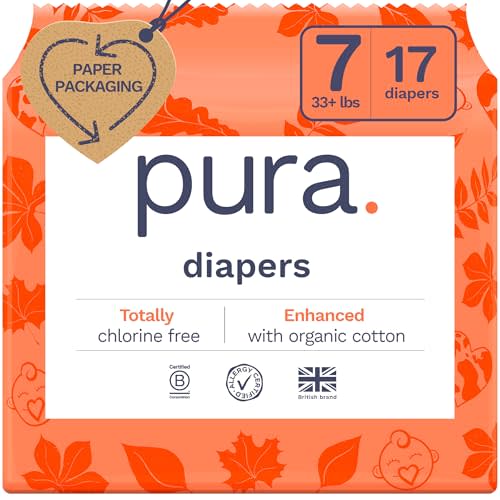 Pura Size 7 Eco-Friendly Diapers (33+lbs) Totally Chlorine Free (TCF) Hypoallergenic, Soft Organic Cotton Comfort, Sustainable, up to 12 Hours Leak Protection, Allergy UK,1 Pack of 17 Diapers