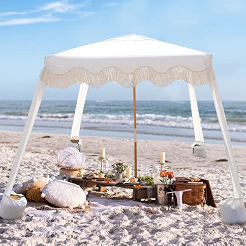 AMMSUN Beach Cabana with Fringe, 6'×6' Boho Beach Canopy with Tassels, Easy Set up & Premium Wood Pole, Cabana Tent with Sand Pockets, Instant Sun Shade for Sand, Garden, Patio, Elegant White