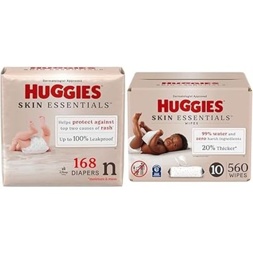 Bundle of Huggies Size Newborn Diapers, Skin Essentials Baby Diapers, Size Newborn (6-9 lbs), 168 Count + Huggies Skin Essentials Baby Wipes, 99% Water, 10 Flip Top Packs (560 Wipes Total)