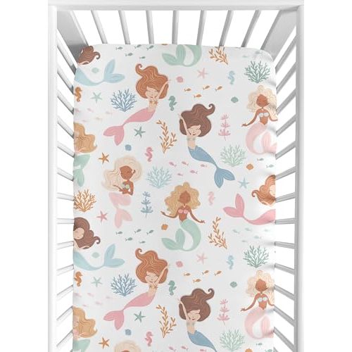 Sweet Jojo Designs Fitted Baby Crib Sheets (Ocean Mermaids) for Girls, Infant Nursery, Toddler Room - Standard Size (Watercolor, Under the Sea, Underwater Theme, Fairytale, Fish, Colorful Coral Reef)