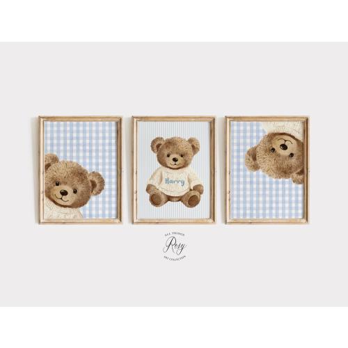 Blue Personalised Teddy Bear Nursery Wall Art, Set of 3 Prints, Blue Peekaboo Nursery Room Decor, Unframed or Digital